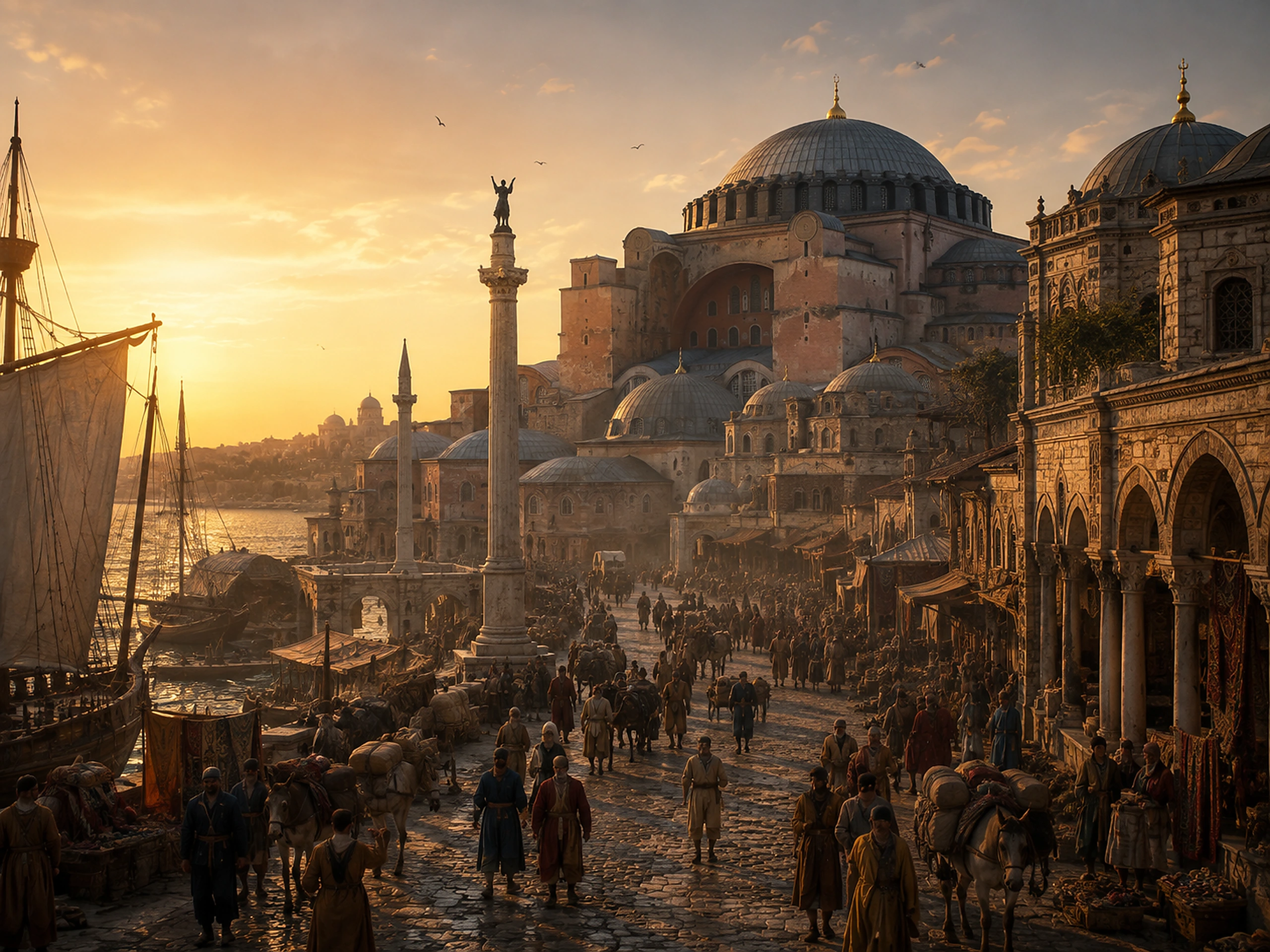 Silk Road-inspired harbor city at sunset