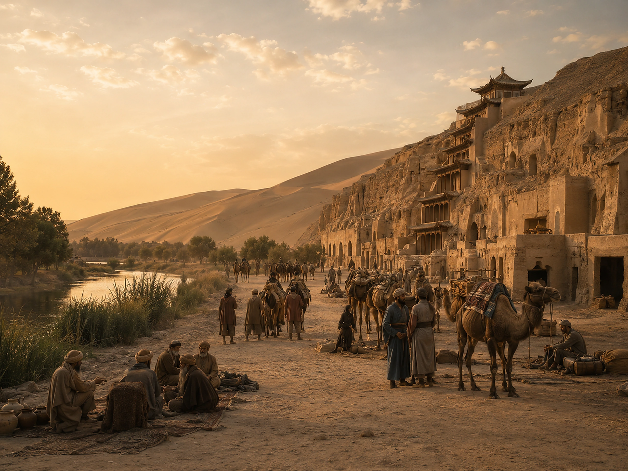 Silk Road-inspired caravan beside desert cave architecture