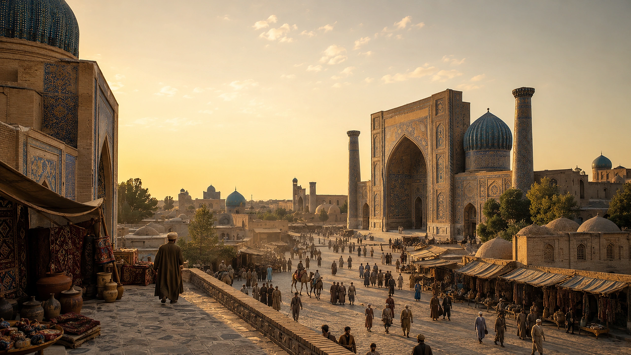 Silk Road-inspired ancient market city at golden hour