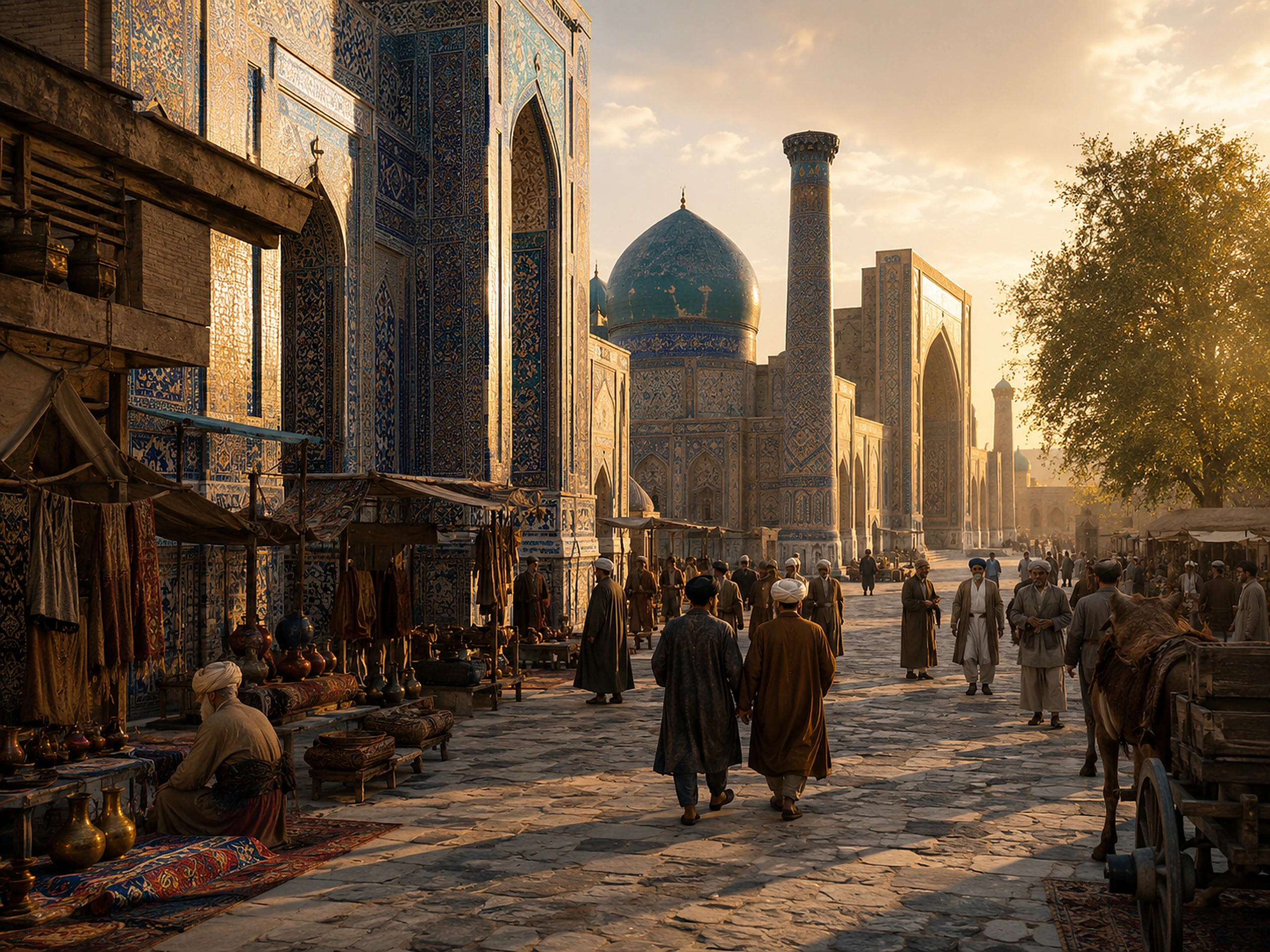 Cinematic Silk Road-inspired market scene in Samarkand