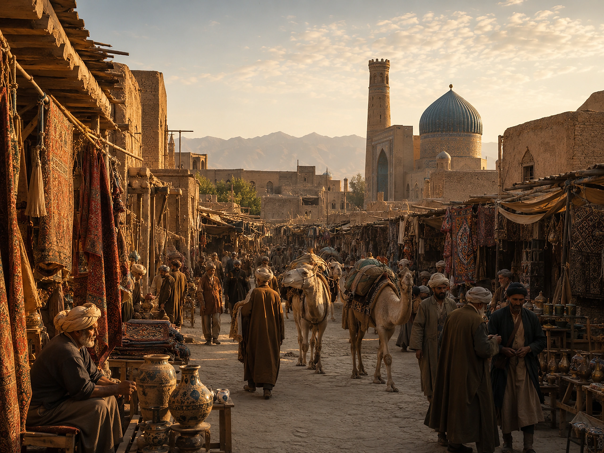 Silk Road-inspired bazaar beneath blue domes