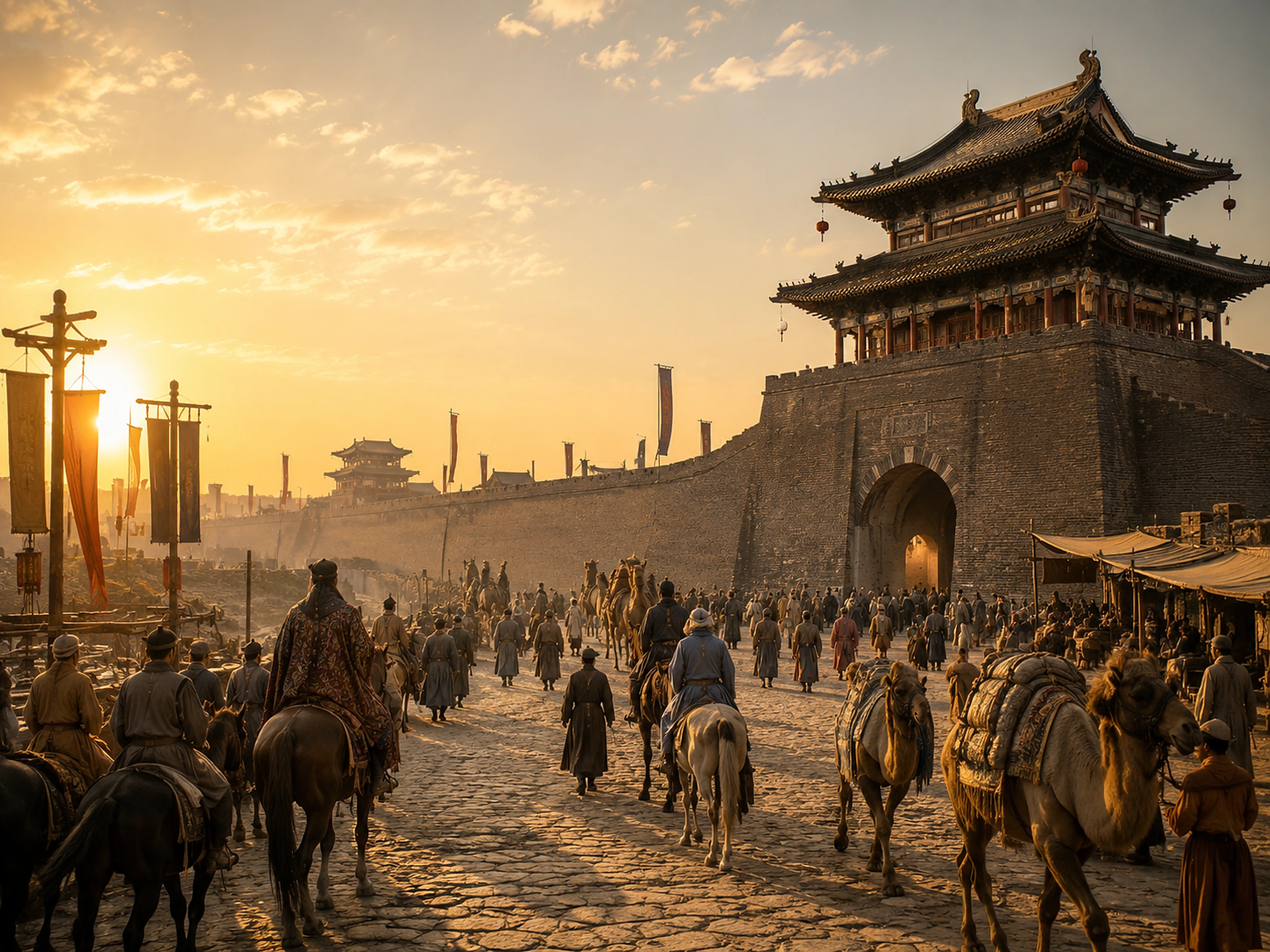 Silk Road-inspired caravan entering an ancient Chinese city gate