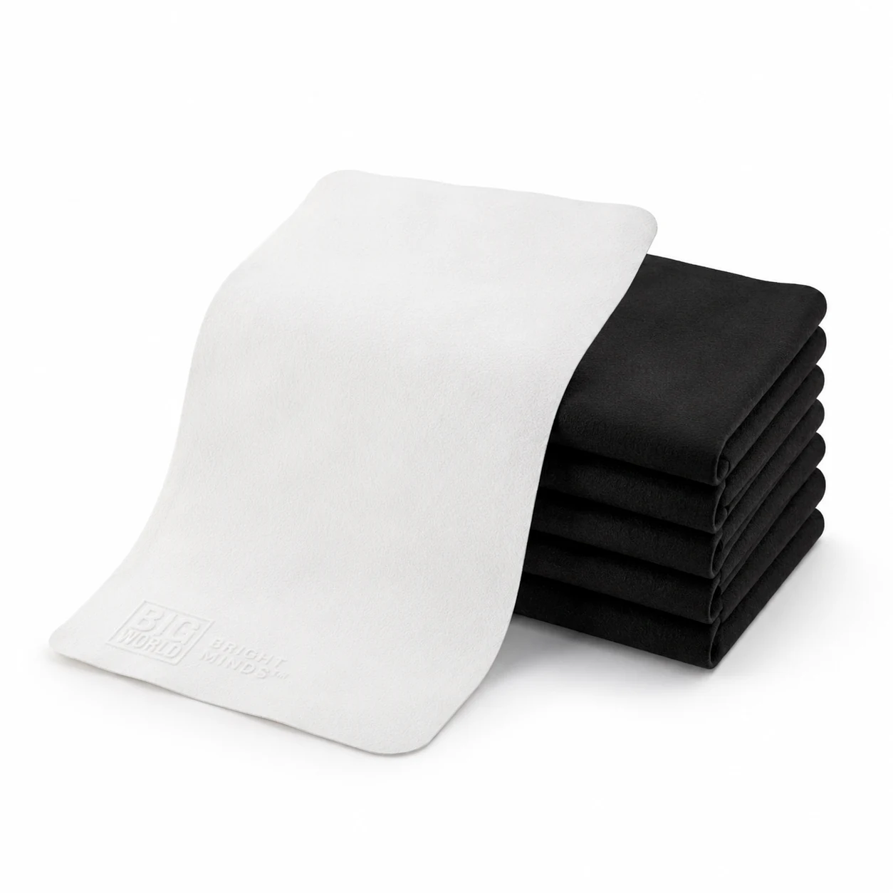 Stacked microfiber cloths with white cloth over black cloths