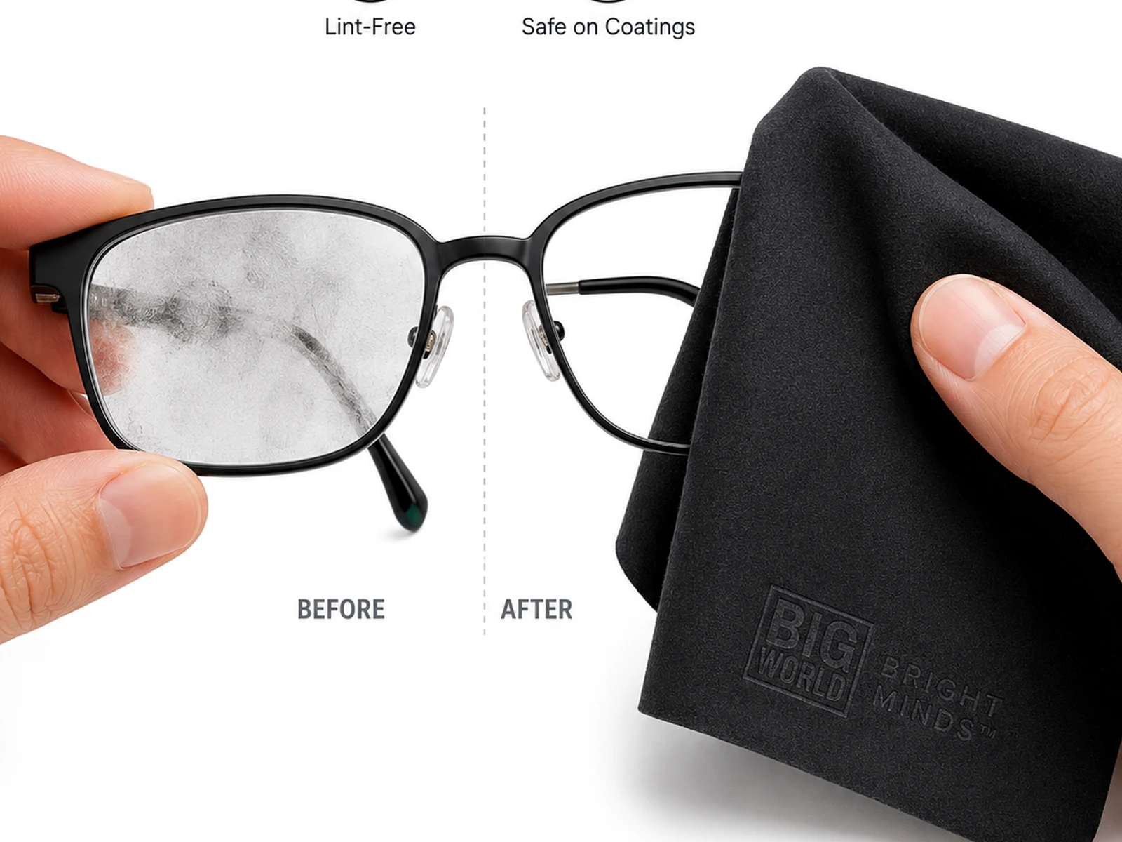 Microfiber cloth being used on eyeglasses