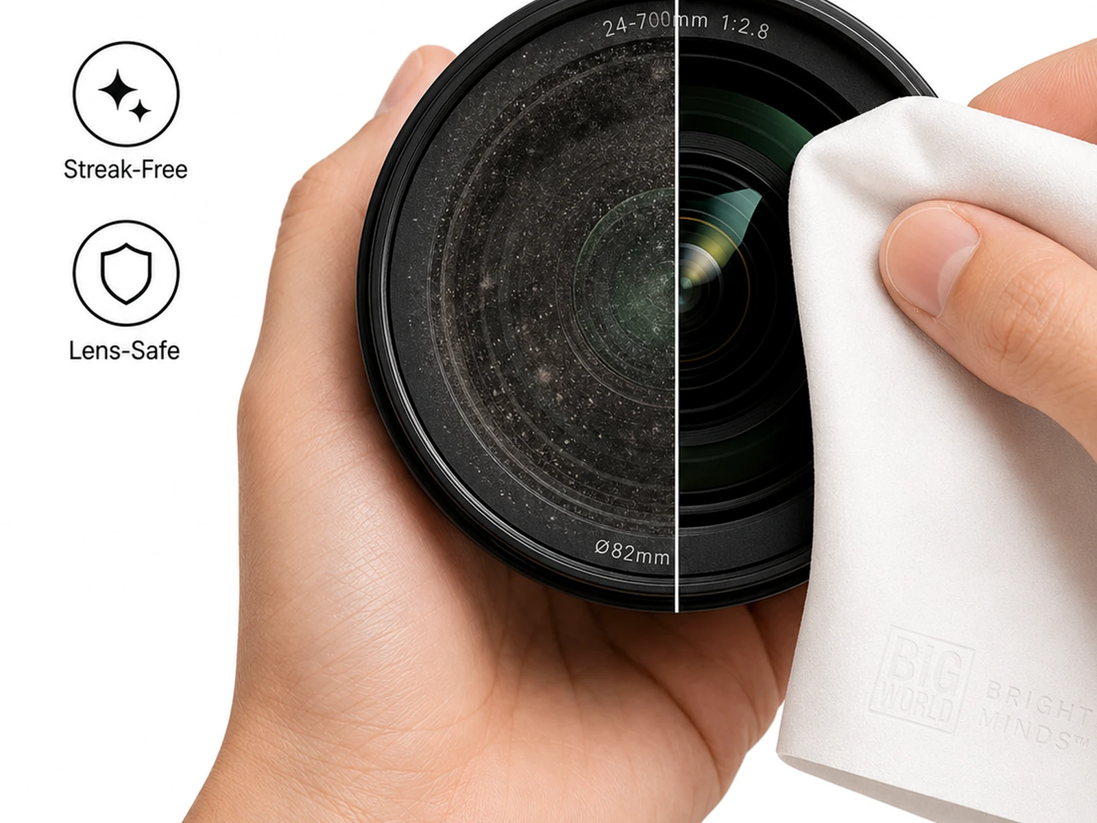 White microfiber cloth cleaning a camera lens