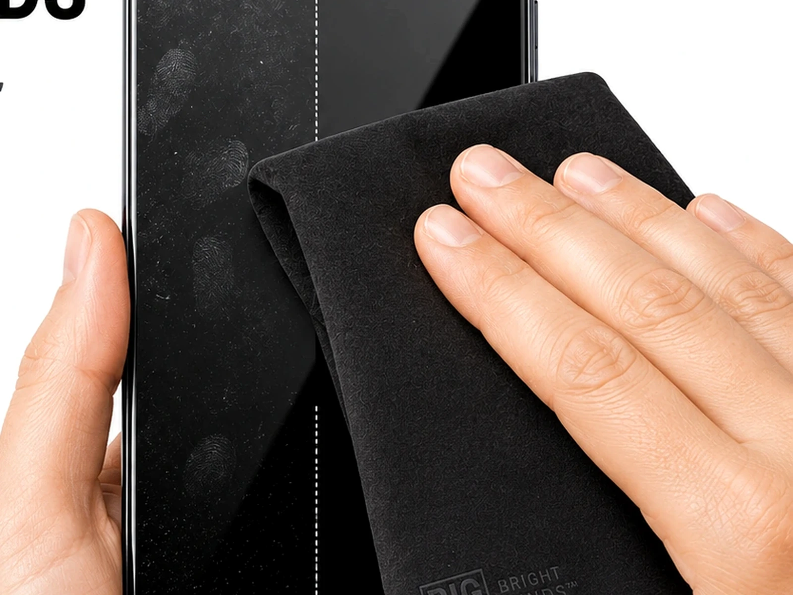 Black microfiber cloth cleaning a smartphone screen
